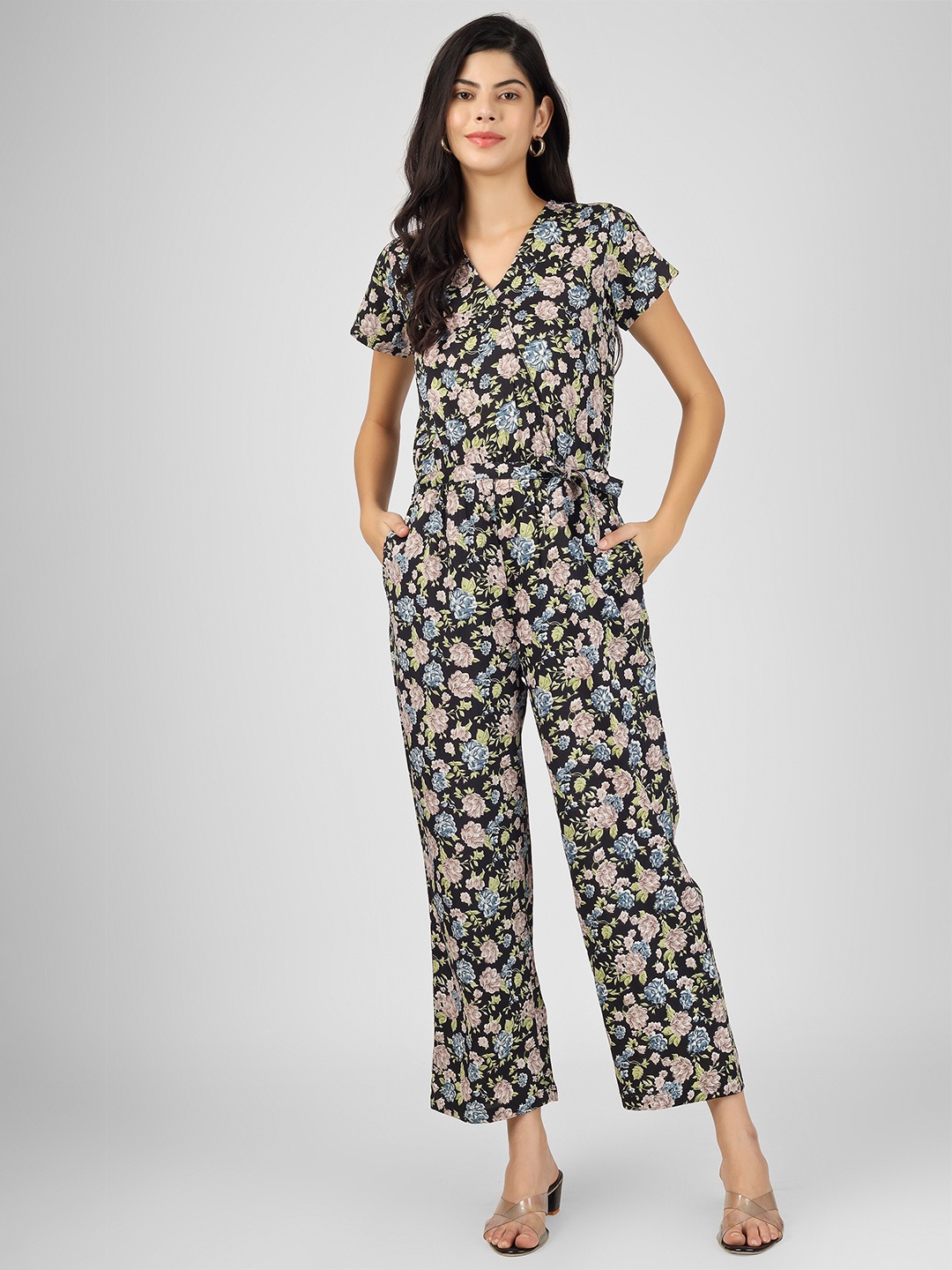 

CELEBRAVO Floral Printed V-Neck Waist Tie Ups Basic Jumpsuit, Black