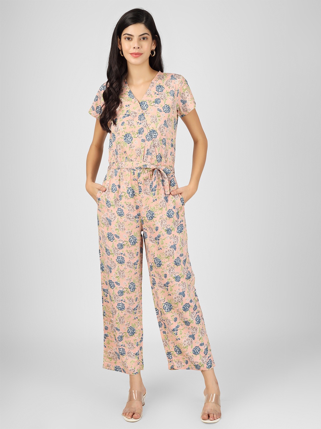 

CELEBRAVO Floral Printed V-Neck Waist Tie Ups Basic Jumpsuit, Peach