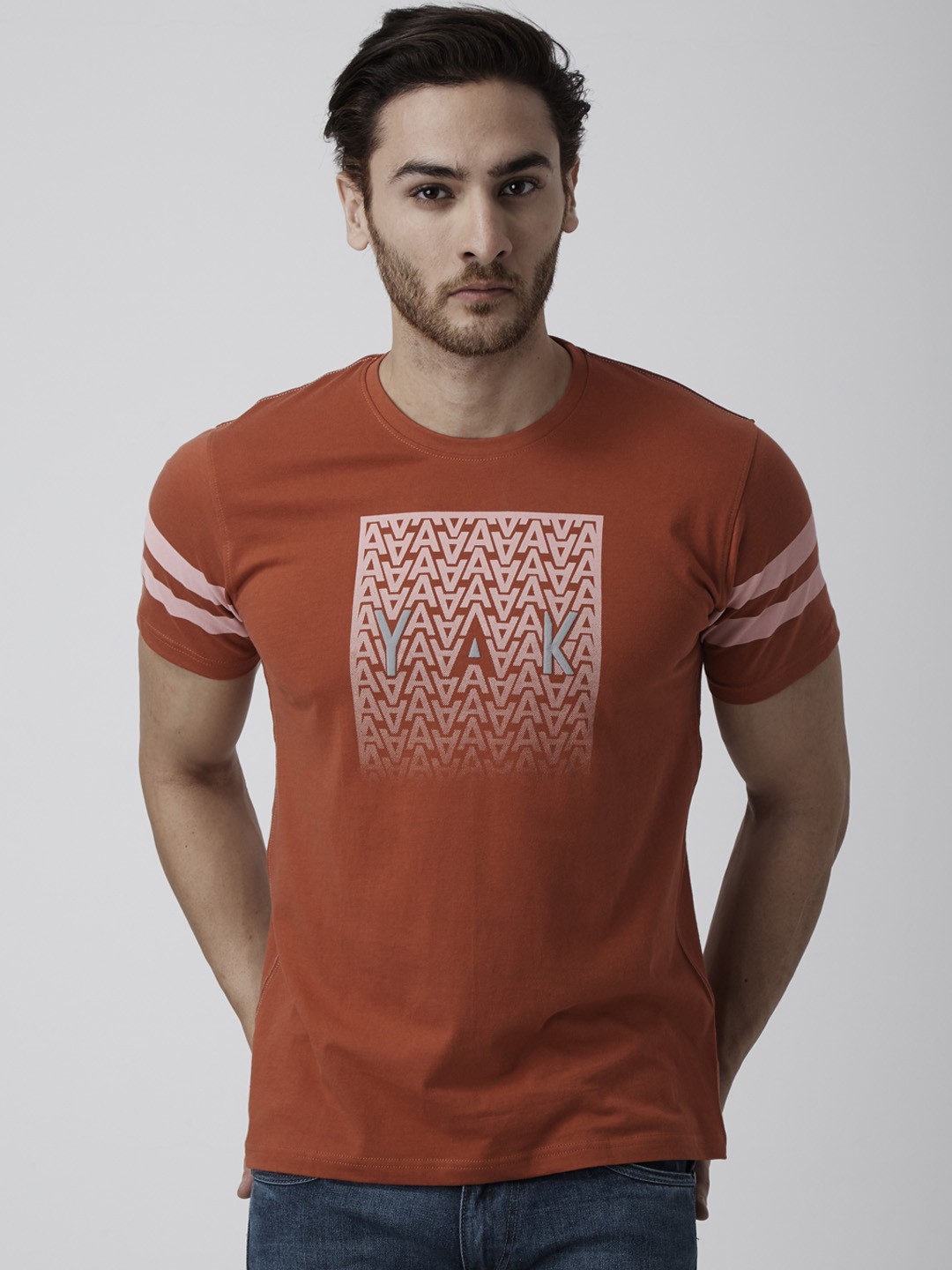 

YAK YAK Men Orange Printed Round Neck Slim Fit T-shirt