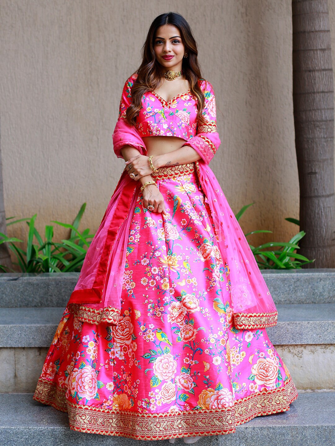 

Zeel Clothing Floral Printed Semi-Stitched Lehenga & Unstitched Blouse With Dupatta, Pink