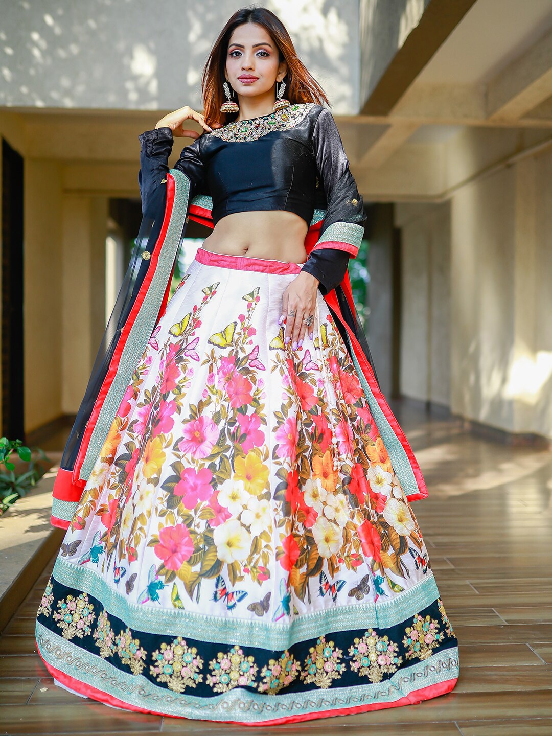 

Zeel Clothing Printed Semi-Stitched Lehenga & Unstitched Blouse With Dupatta, Black