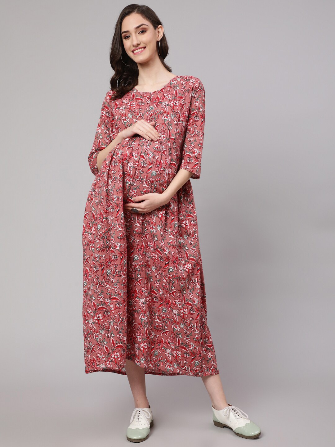 

Nayo Floral Printed Maternity Cotton Midi Dress, Mauve