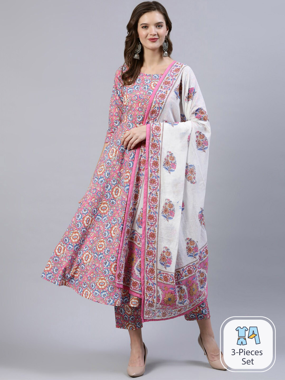

Nayo Ethnic Motifs Printed Pure Cotton Kurta & Trousers With Dupatta, Pink