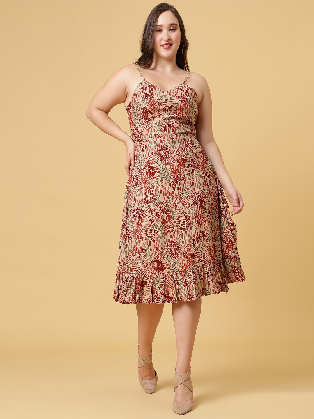 

Curvy Lane Abstract Printed A-Line Dress, Beige