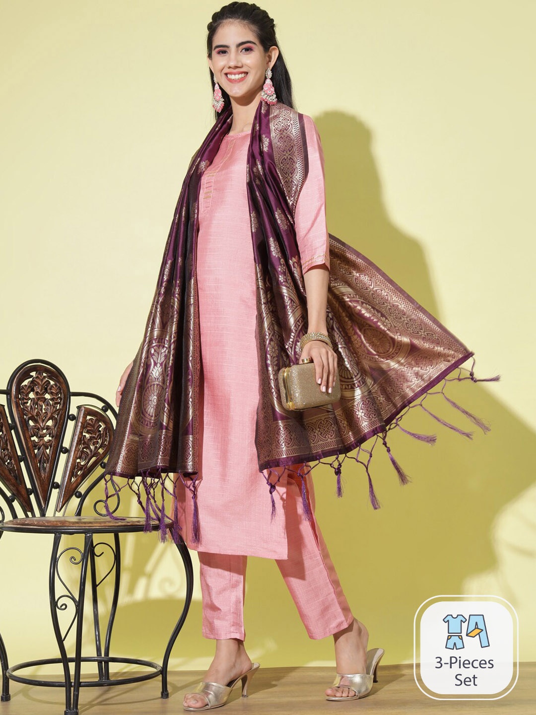 

PPTOSS Regular Cotton Silk Kurta with Trousers & Dupatta, Pink
