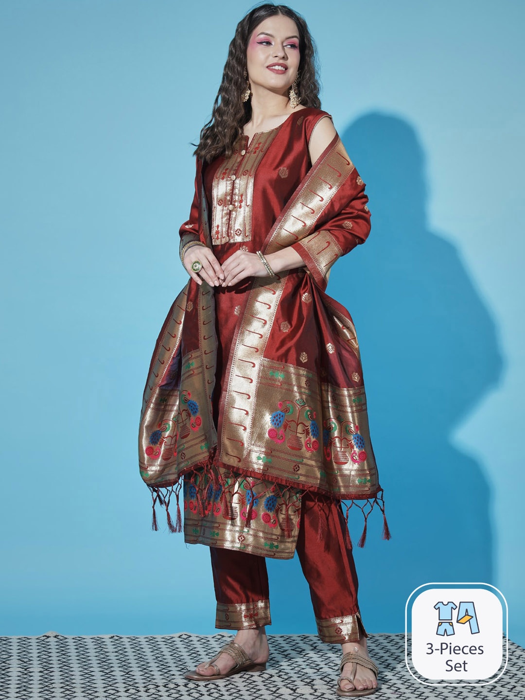 

PPTOSS Woven Design Kurta With Trousers & Dupatta, Maroon