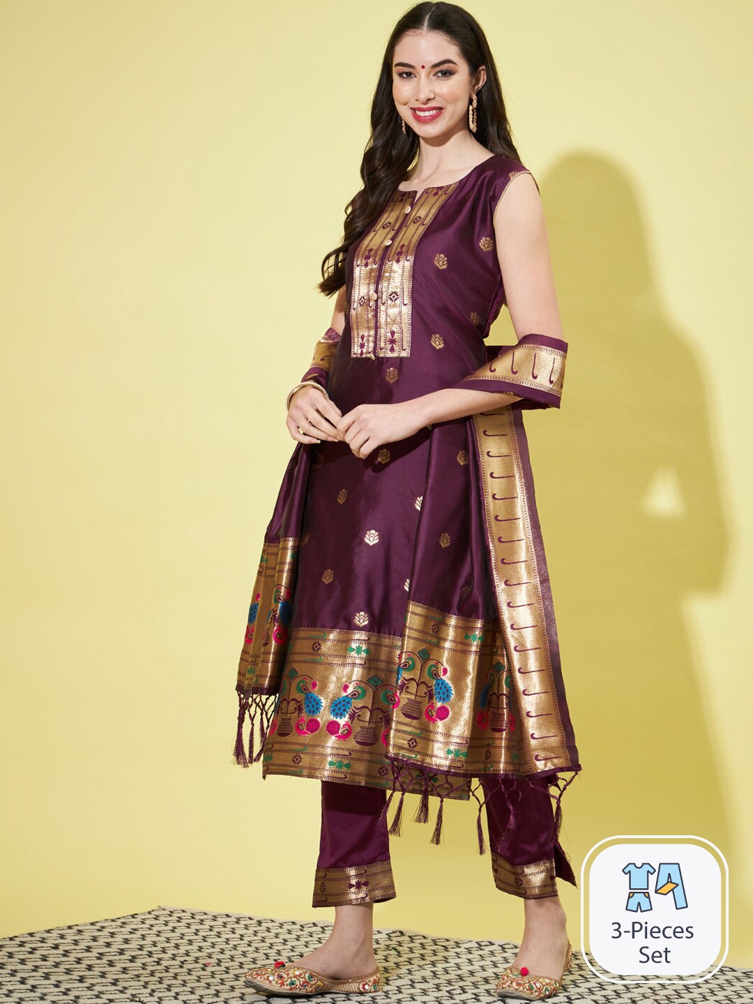 

PPTOSS Ethnic Motifs Woven Design Zari Kurta with Trousers & Dupatta, Purple