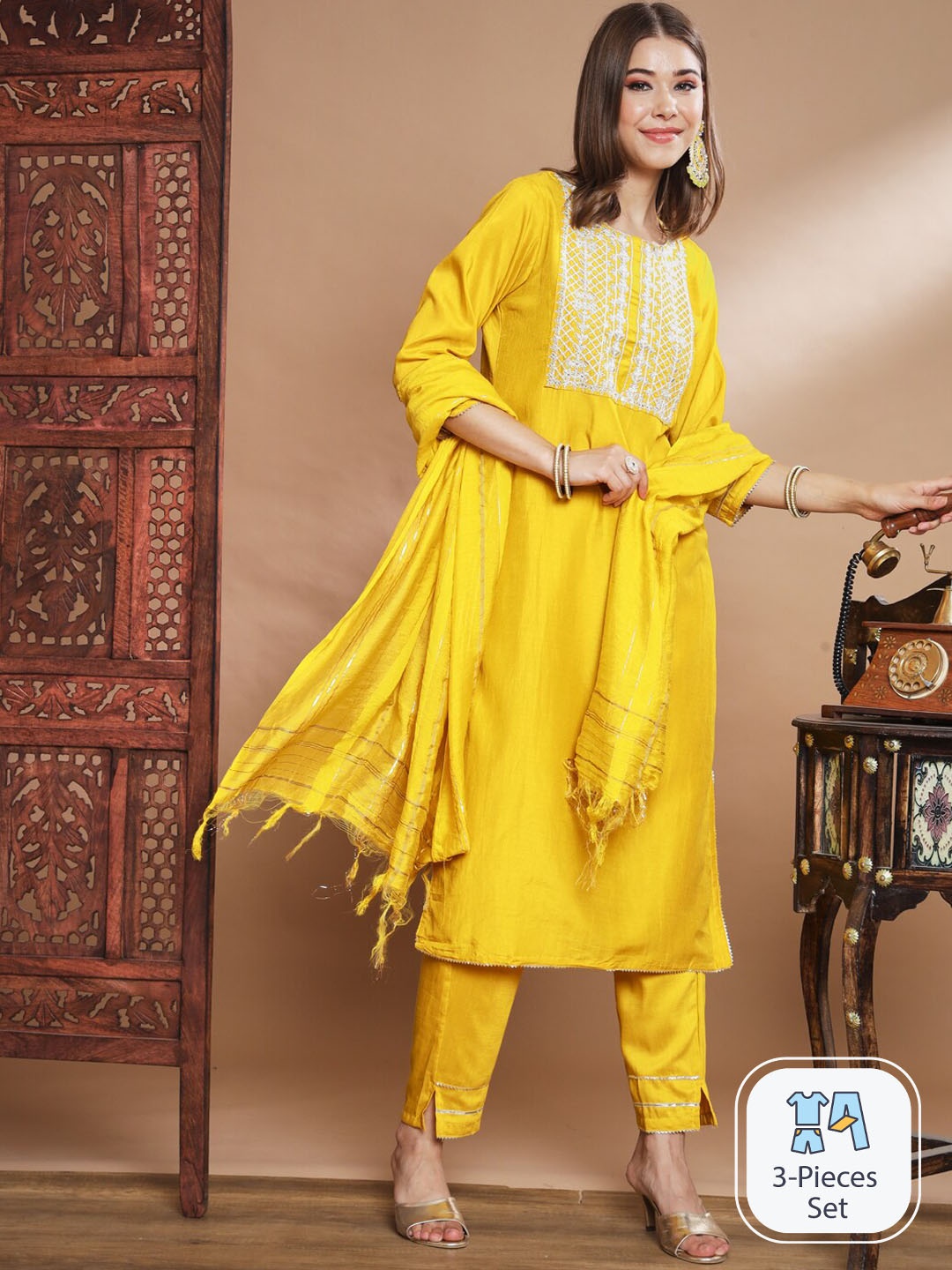 

PPTOSS Floral Yoke Design Embroidered Kurta & Trousers With Dupatta, Mustard