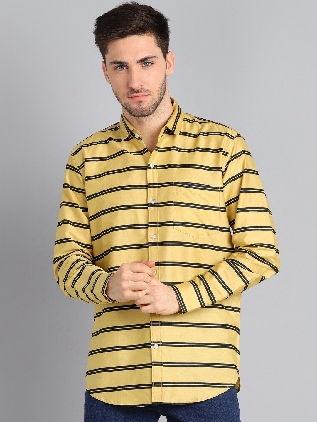 

HANUMNTRA Comfort Horizontal Stripes Casual Shirt, Yellow