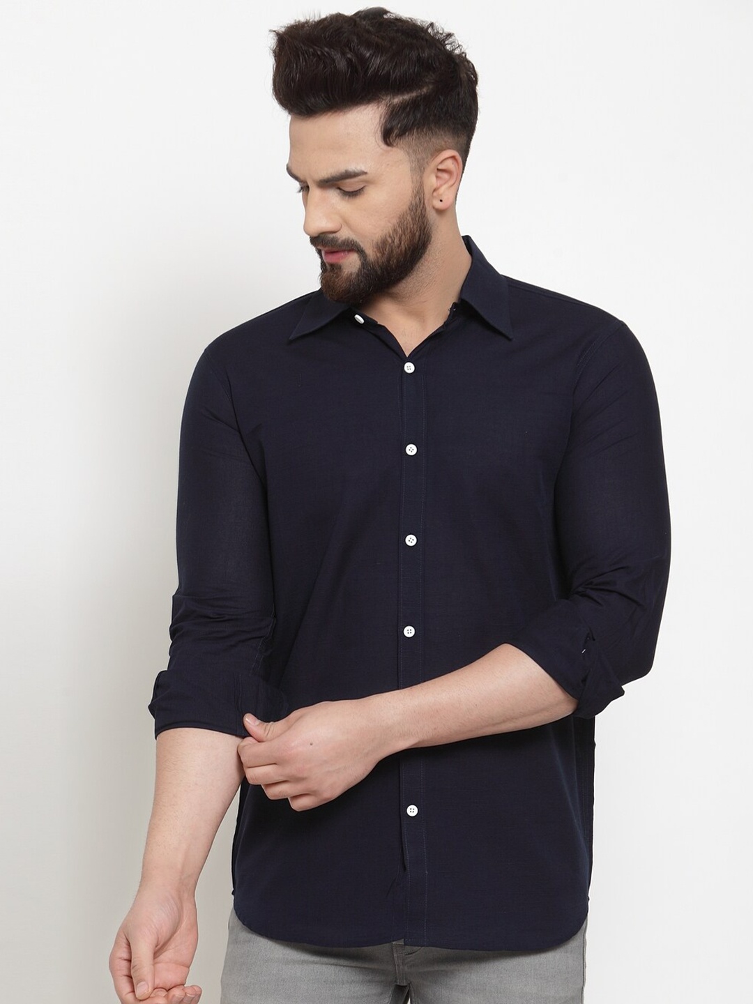 

HANUMNTRA Comfort Fit Spread Collar Casual Shirt, Navy blue