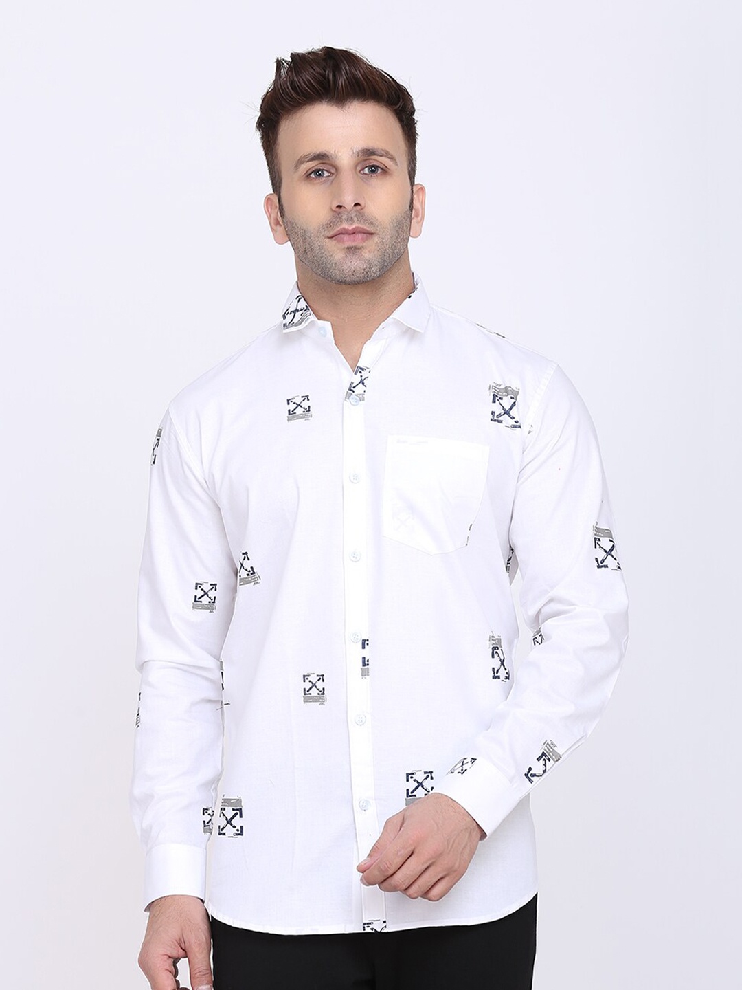 

HANUMNTRA Comfort Geomteric Printed Spread Collar Regular Fit Polycotton Casual Shirt, White