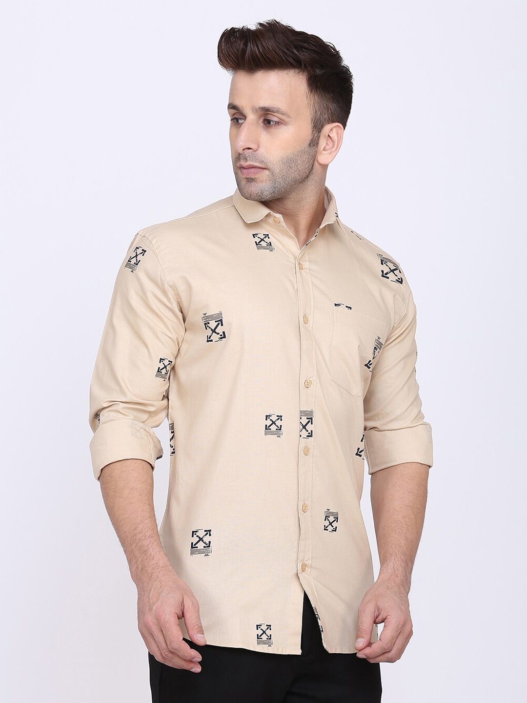 

HANUMNTRA Comfort Conversational Printed Casual Shirt, Beige