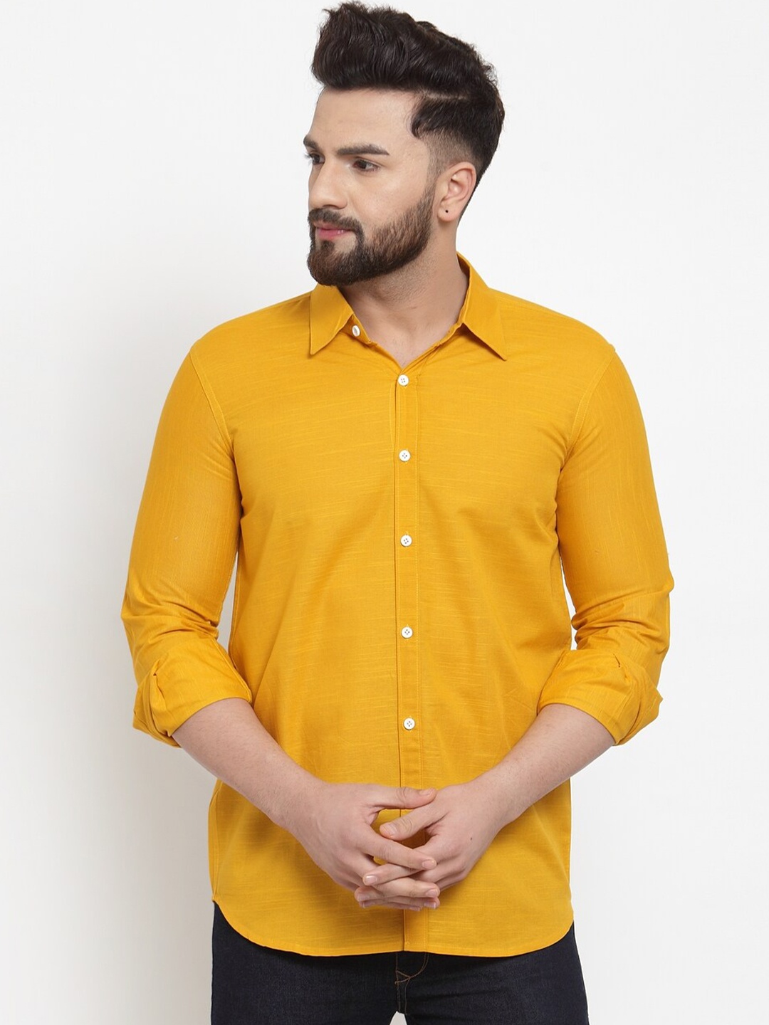 

HANUMNTRA Comfort Spread Collar Regular Fit Polycotton Casual Shirt, Mustard