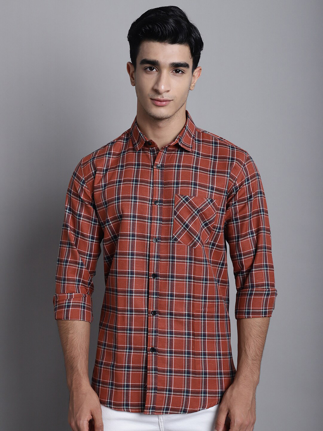 

HANUMNTRA Comfort Checked Spread Collar Regular Fit Polycotton Casual Shirt, Brown