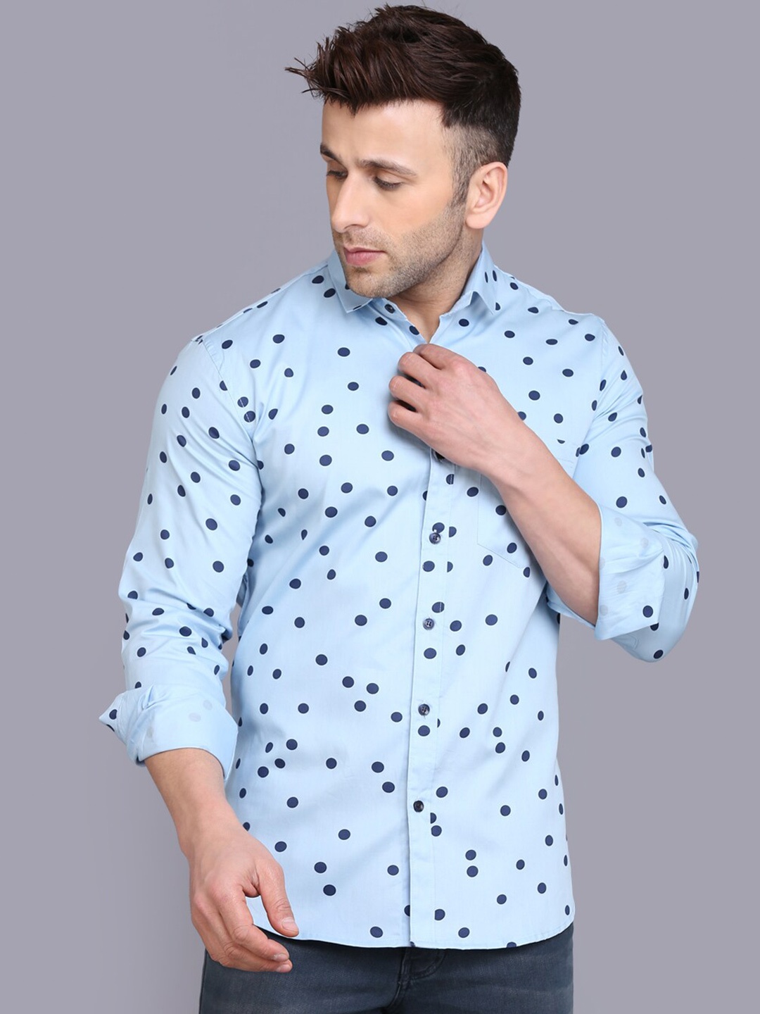 

HANUMNTRA Comfort Polka Dot Printed Casual Shirt, Turquoise blue