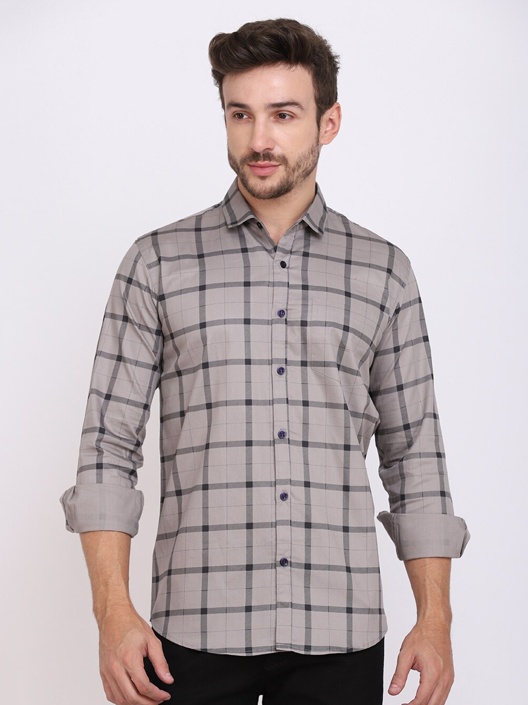 

HANUMNTRA Comfort Checked Spread Collar Regular Fit Casual Shirt, Grey