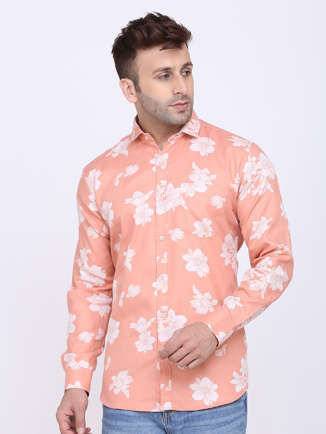 

HANUMNTRA Comfort Floral Printed Regular Fit Spread Collar Polycotton Casual Shirt, Peach