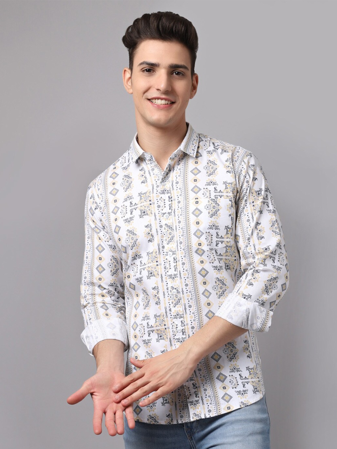 

HANUMNTRA Comfort Ethnic Motif Printed Regular Fit Spread Collar Polycotton Casual Shirt, White