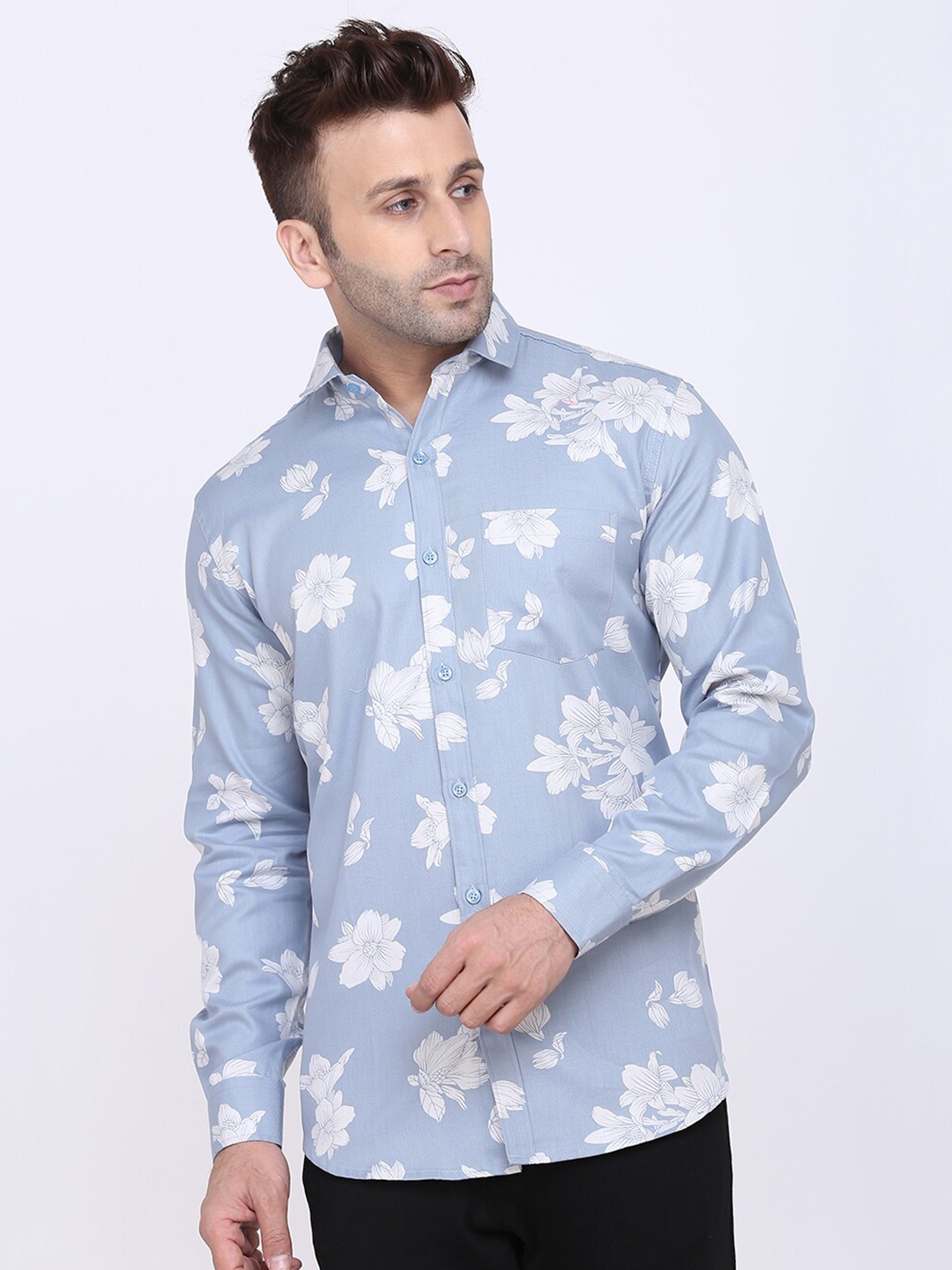 

HANUMNTRA Comfort Floral Printed Spread Collar Regular Fit Polycotton Casual Shirt, Blue