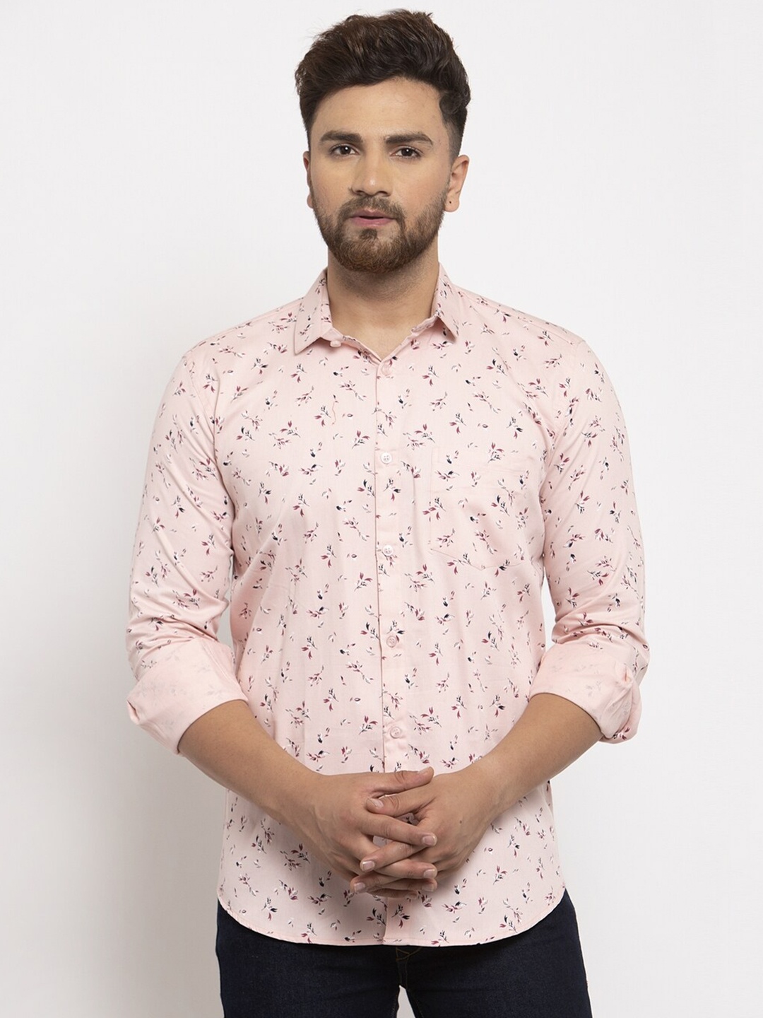 

HANUMNTRA Comfort Floral Printed Regular Fit Spread Collar Polycotton Casual Shirt, Peach