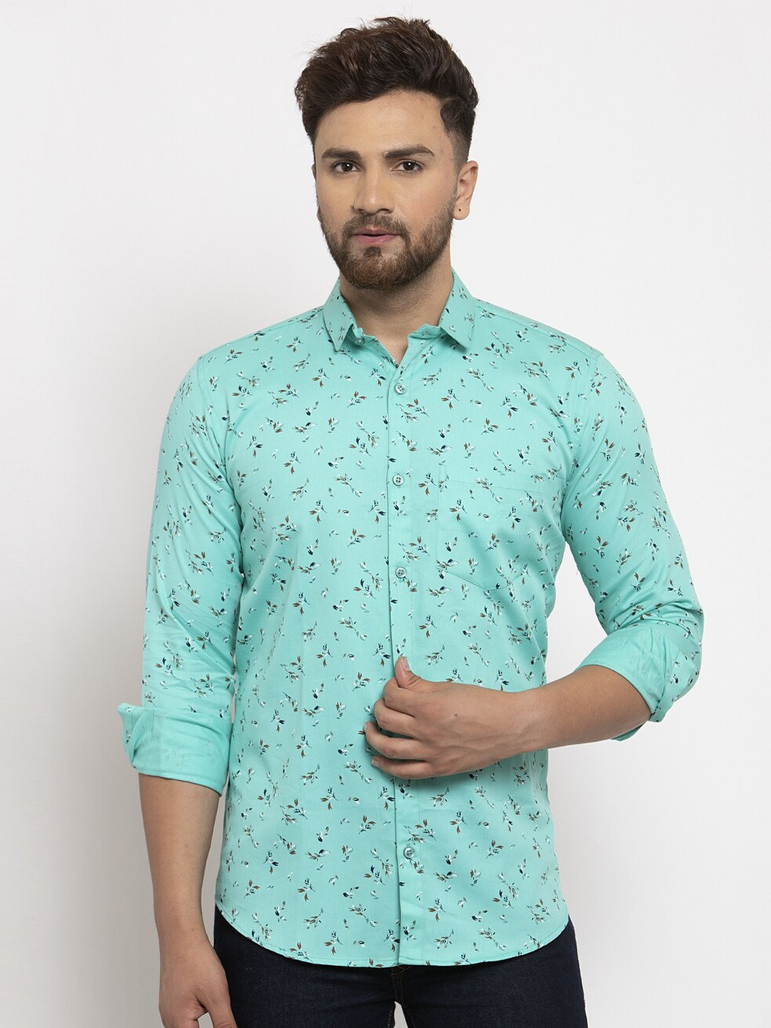 

HANUMNTRA Comfort Floral Printed Casual Shirt, Sea green