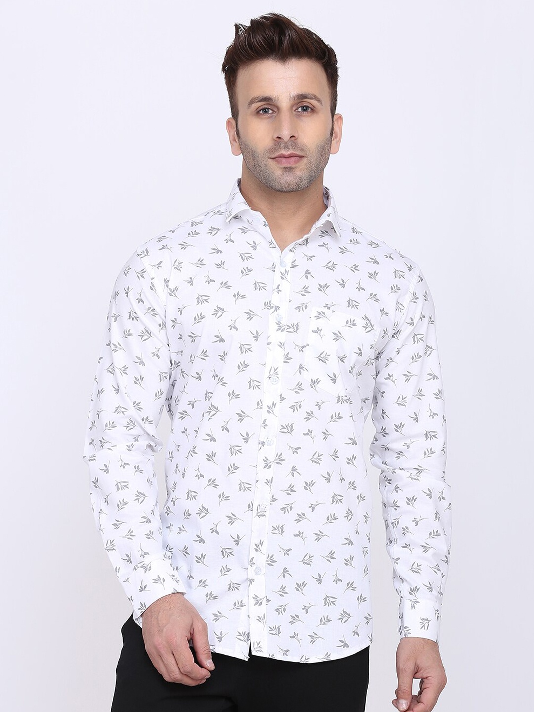 

HANUMNTRA Comfort Floral Printed Regular Fit Spread Collar Polycotton Casual Shirt, White