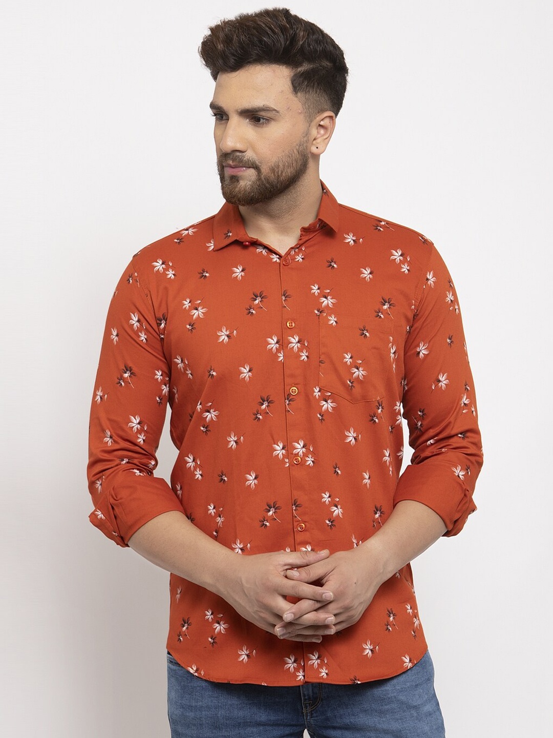 

HANUMNTRA Comfort Floral Printed Casual Shirt, Orange