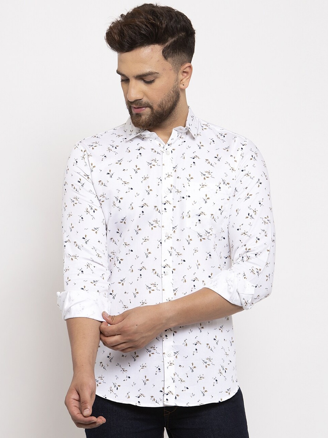 

HANUMNTRA Comfort Floral Printed Regular Fit Spread Collar Polycotton Casual Shirt, White