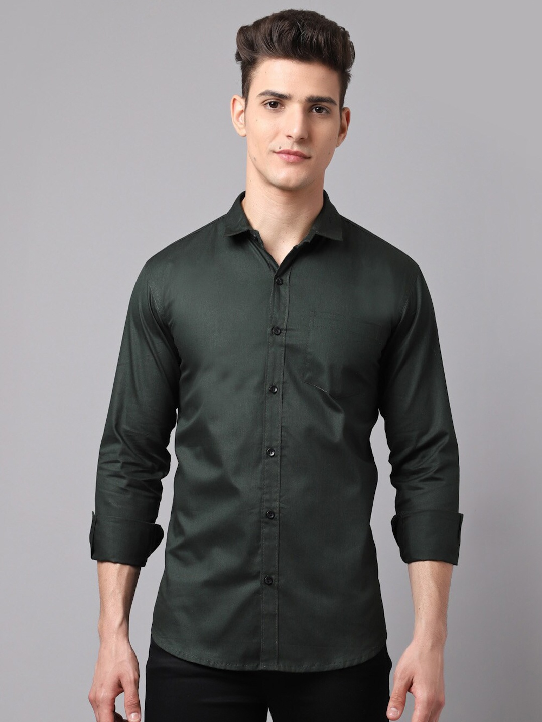 

HANUMNTRA Comfort Regular Fit Spread Collar Polycotton Casual Shirt, Green
