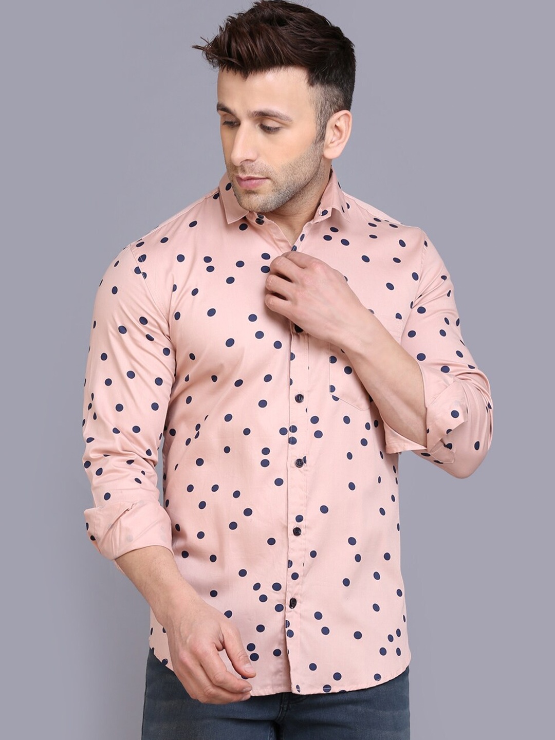 

HANUMNTRA Comfort Polka Dot Printed Casual Shirt, Peach