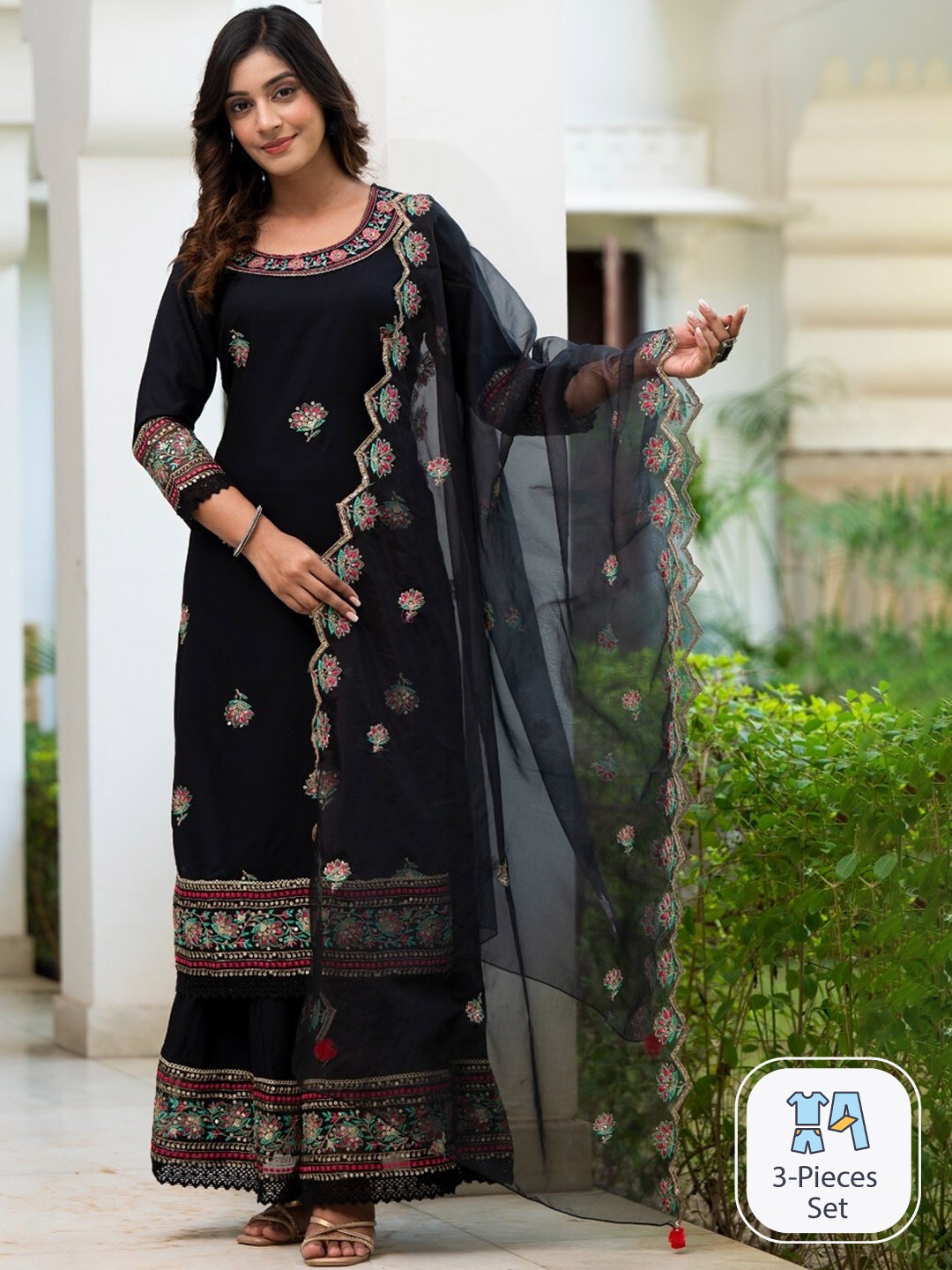 

Ramas Ethnic Motifs Embroidered Sequinned Kurta with Sharara & Dupatta, Black