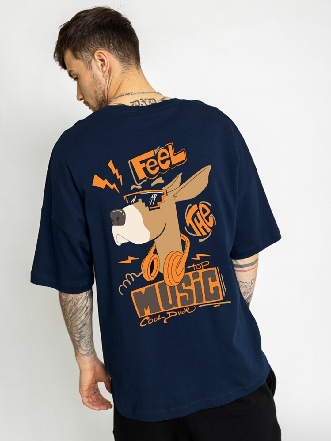 

MISCHIEF MONKEY Graphic Printed Oversized Pure Cotton T-shirt, Navy blue