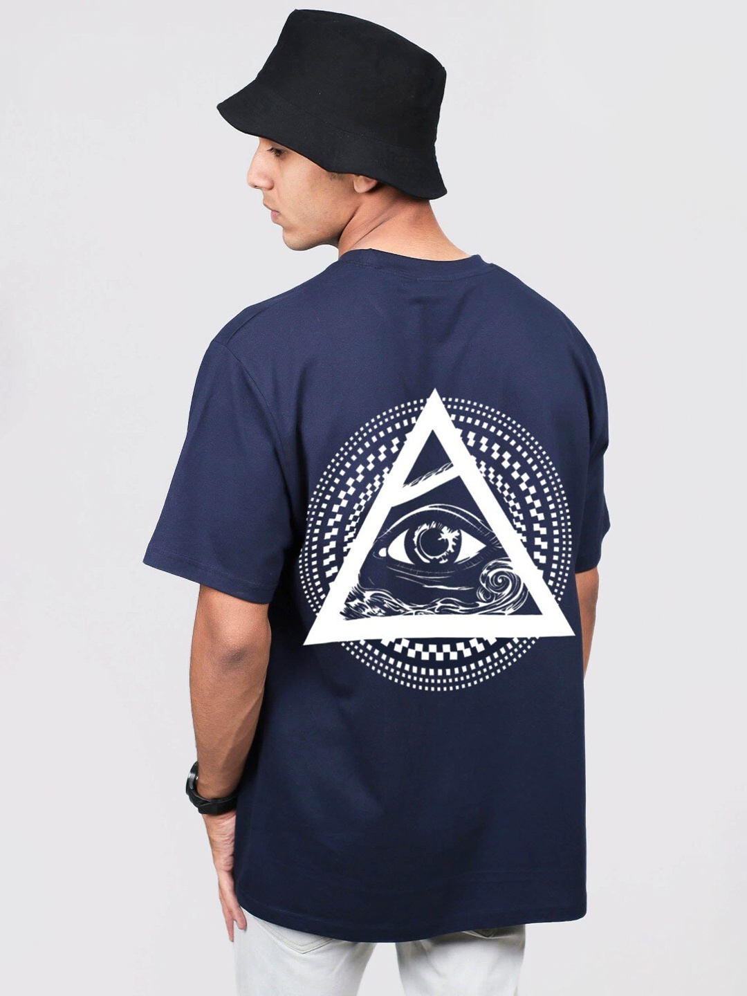 

MISCHIEF MONKEY Graphic Printed Oversized Pure Cotton T-shirt, Navy blue