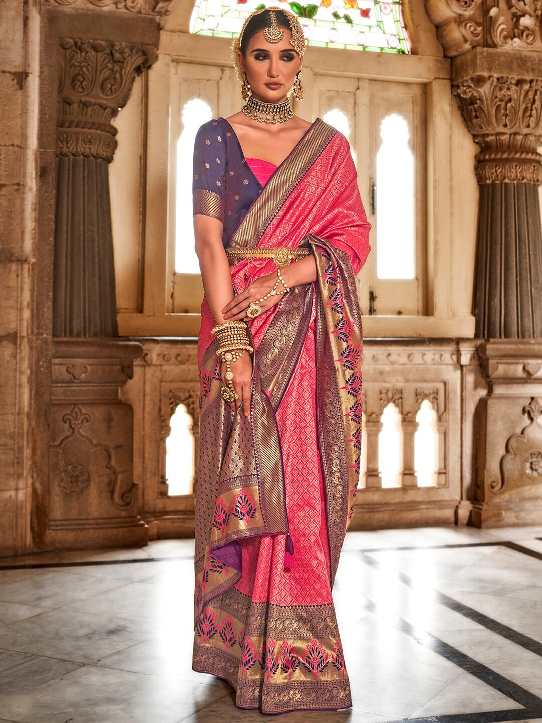 

Anouk Ethnic Motifs Woven Design Zari Detailed Banarasi Saree, Pink