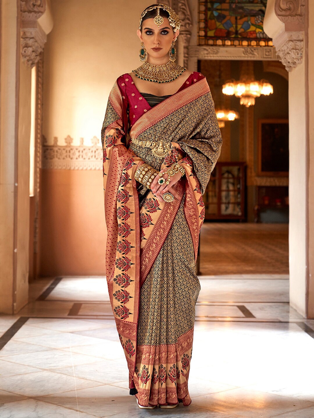 

Anouk Black & Red Ethnic Motifs Woven Design Zari Banarasi Saree