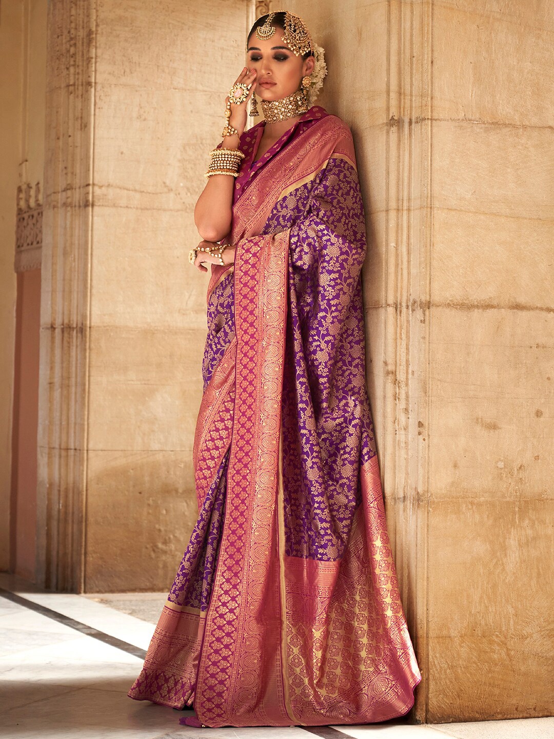 

Anouk Purple & Gold-Toned Ethnic Motifs Woven Design Zari Banarasi Saree