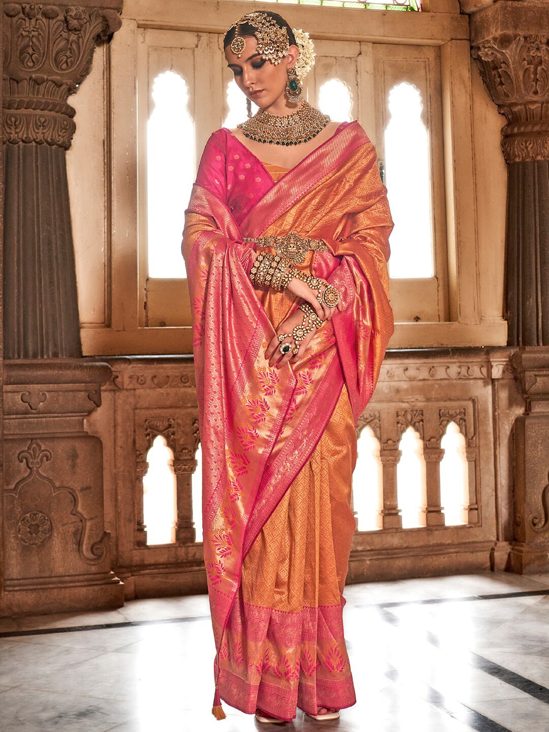 

Anouk Orange & Red Ethnic Motifs Woven Design Zari Banarasi Saree