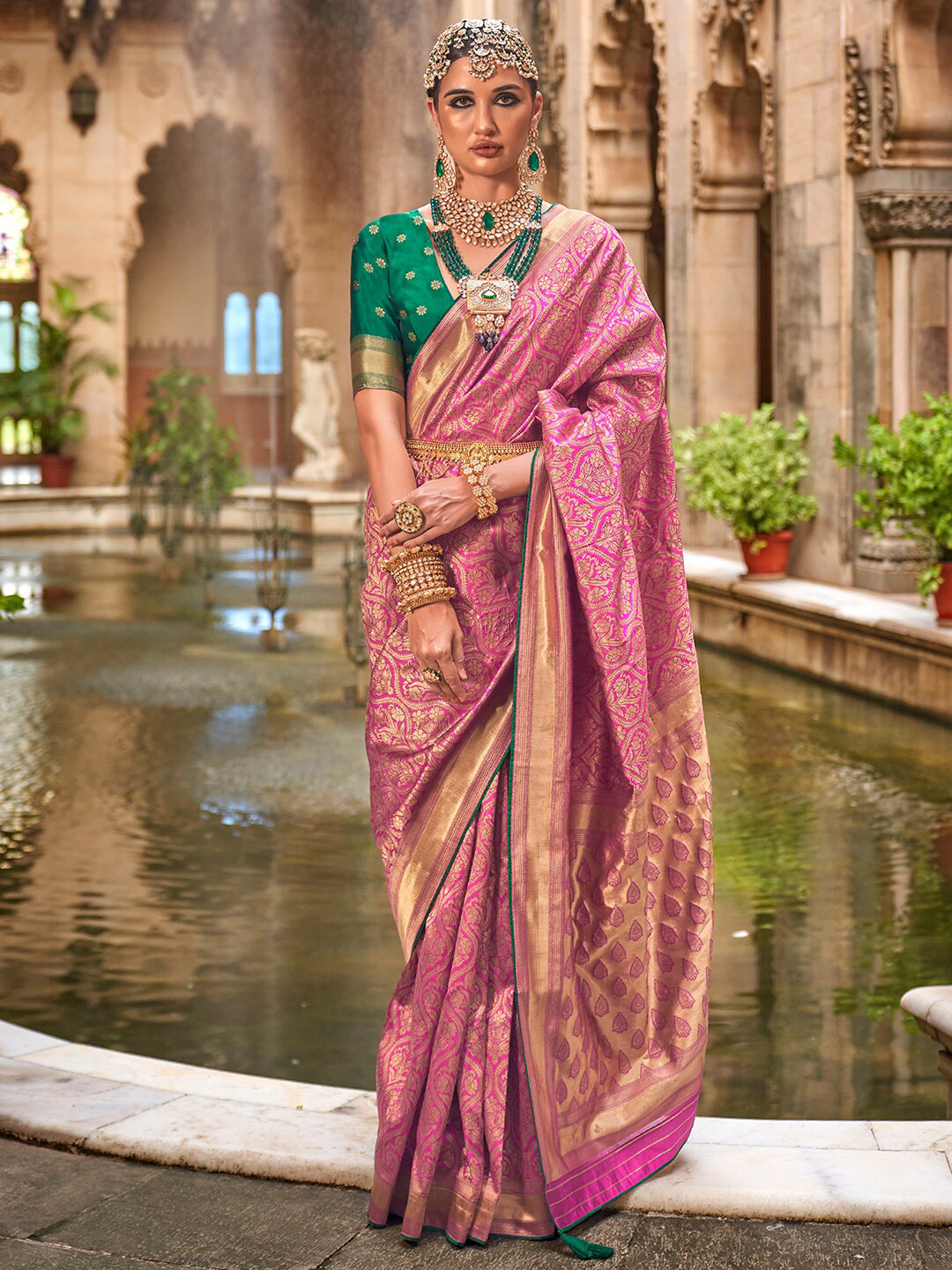 

Anouk Ethnic Motifs Woven Design Zari Detailed Banarasi Saree, Pink