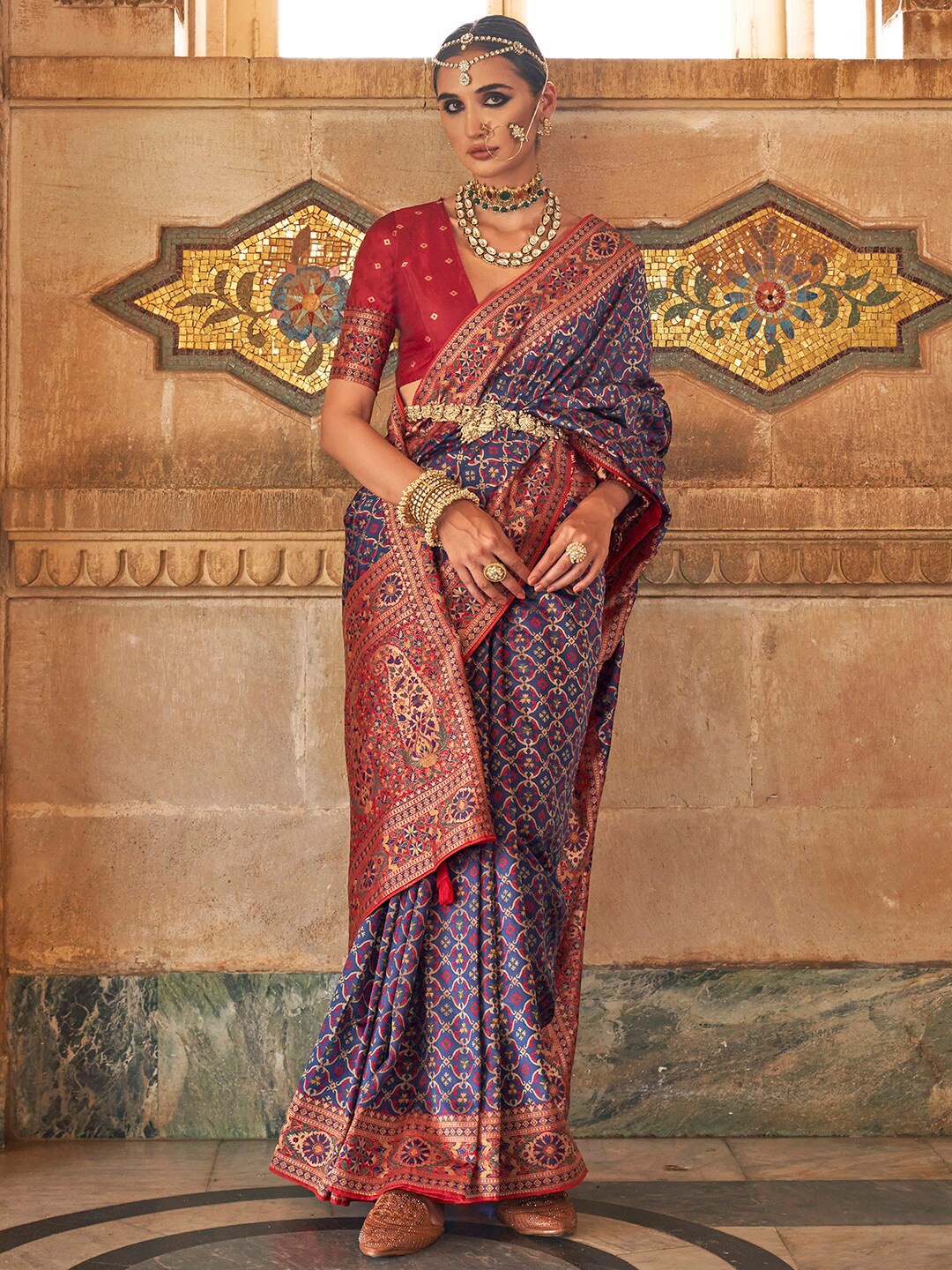

Anouk Navy Blue & Pink Ethnic Motifs Woven Design Zari Banarasi Saree