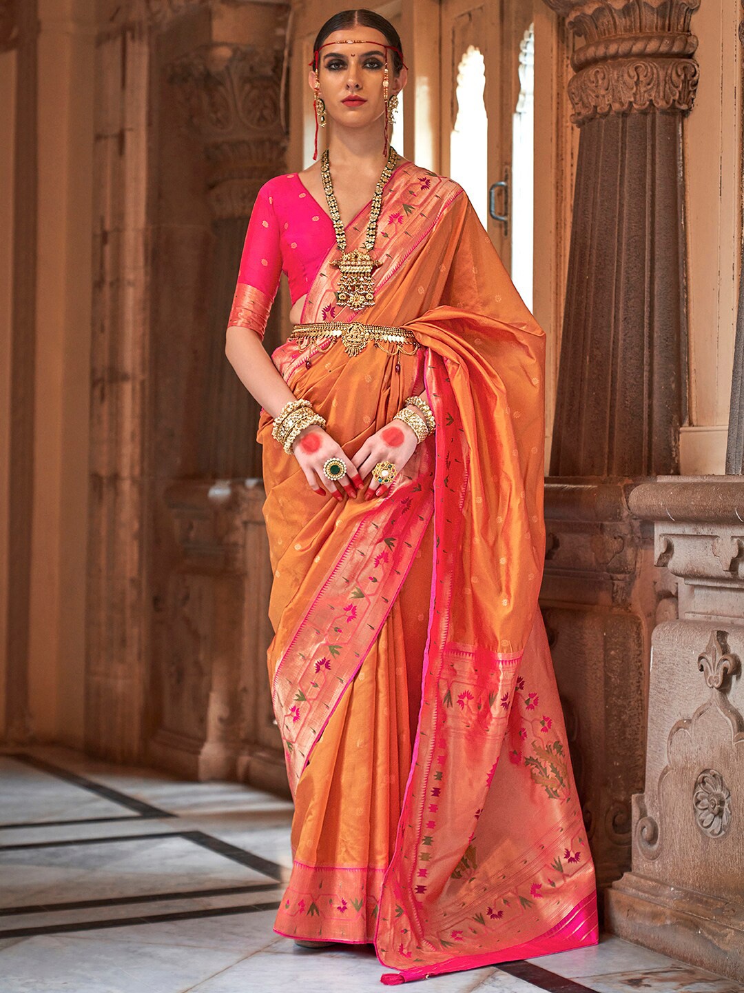 

Anouk Ethnic Motifs Woven Design Zari Detail Paithani Saree, Orange