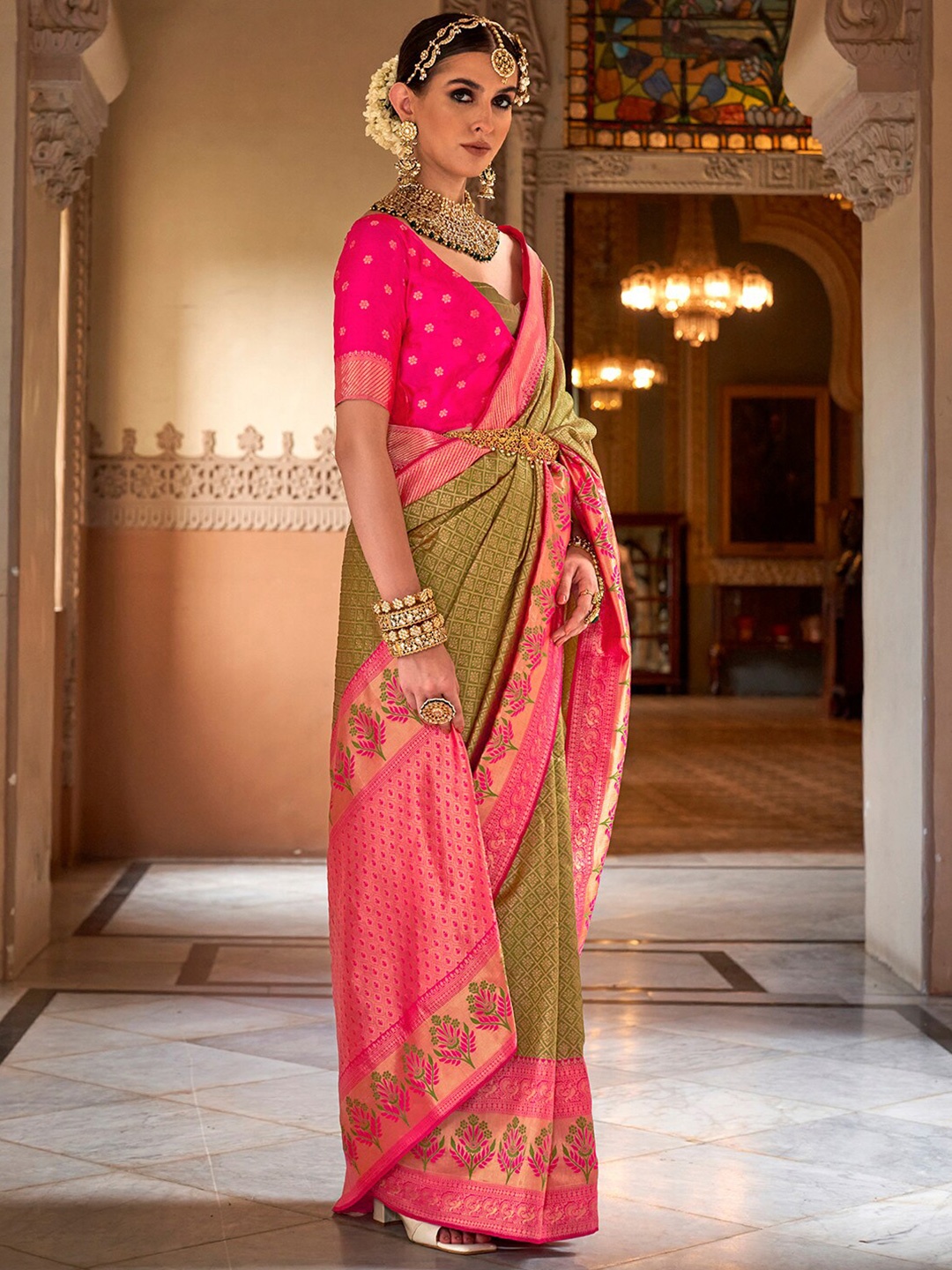 

Anouk Olive Green & Red Ethnic Motifs Woven Design Zari Silk Blend Banarasi Saree