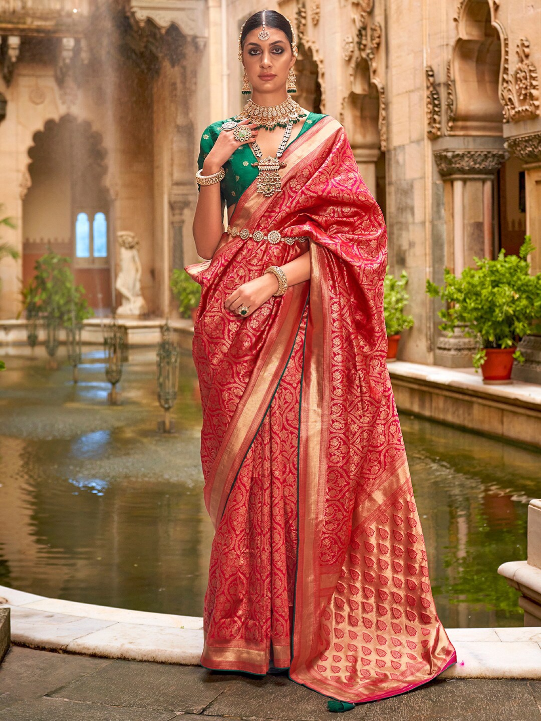 

Anouk Ethnic Motifs Woven Design Zari Detailed Banarasi Saree, Red