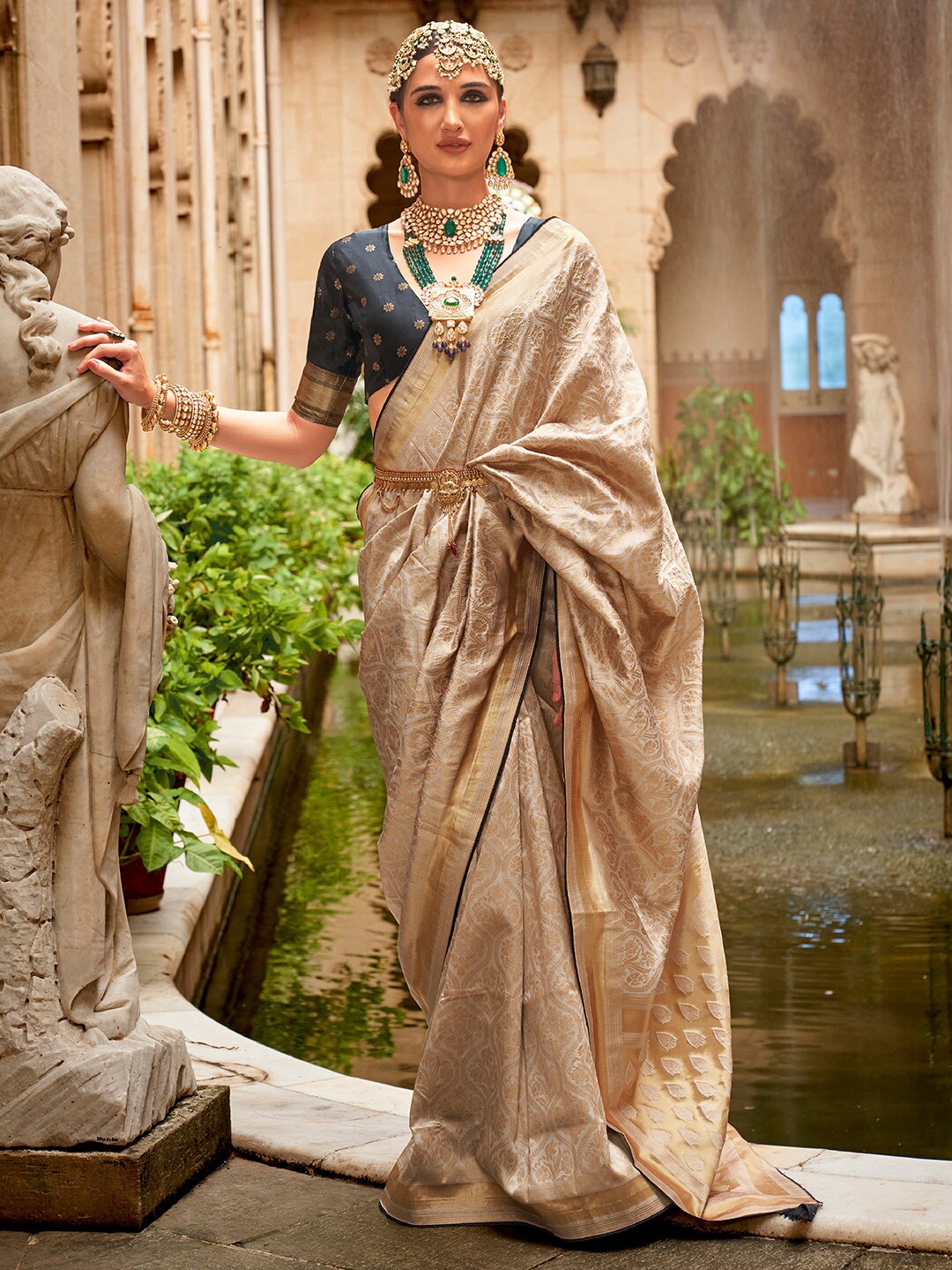 

Anouk Ethnic Motifs Woven Design Zari Silk Blend Banarasi Saree, Cream
