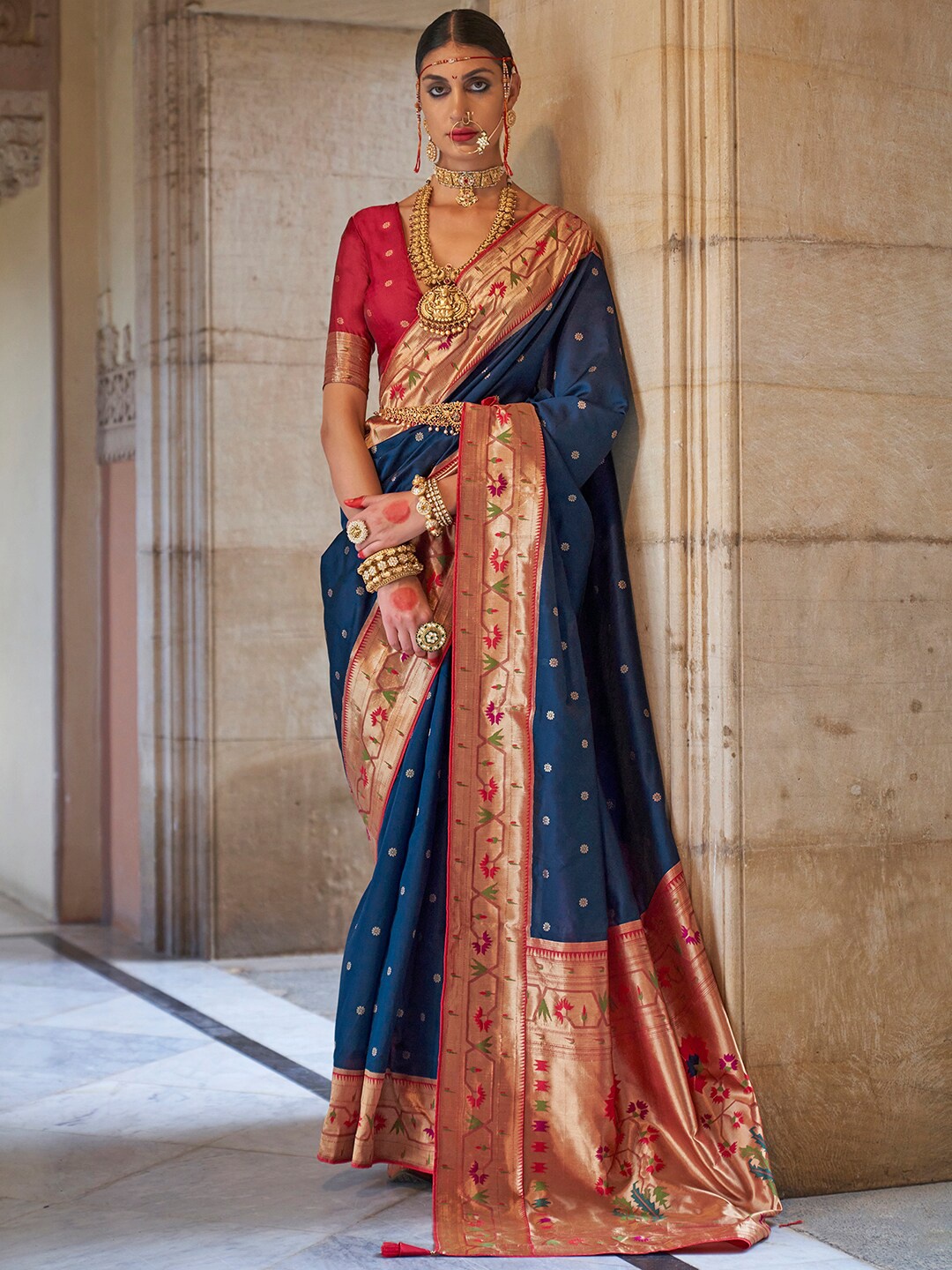 

Anouk Navy Blue & Gold-Toned Ethnic Motifs Woven Design Zari Paithani Saree
