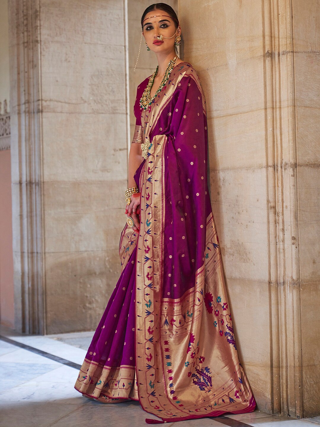 

Anouk Purple & Gold-Toned Ethnic Motifs Woven Design Zari Paithani Saree