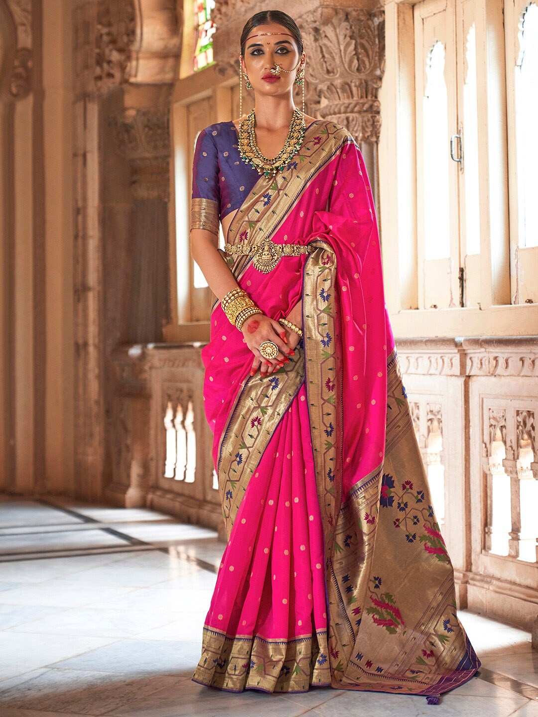 

Anouk Ethnic Motifs Woven Design Zari Paithani Saree, Pink