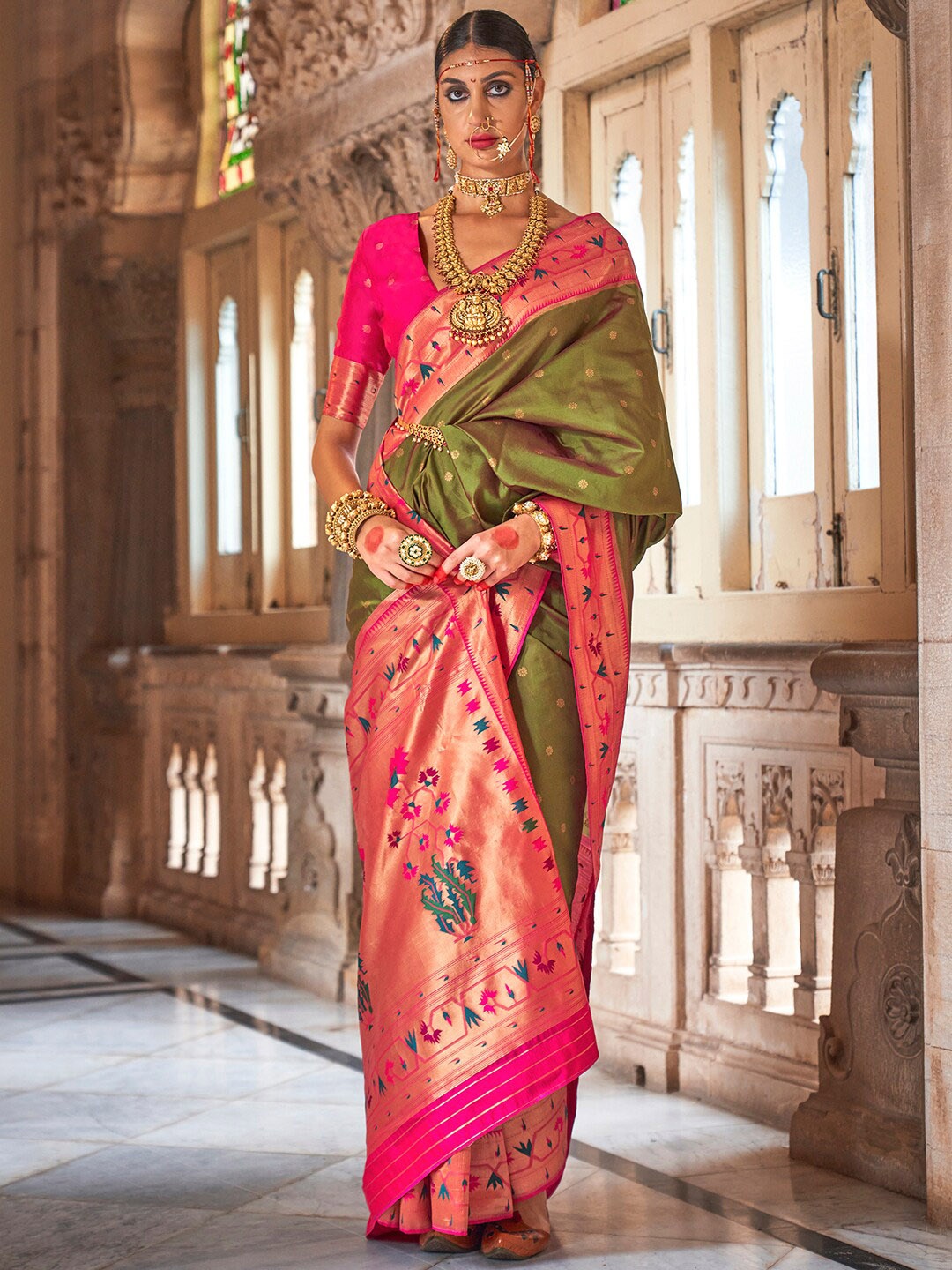 

Anouk Olive Green & Pink Warli Zari Paithani Saree