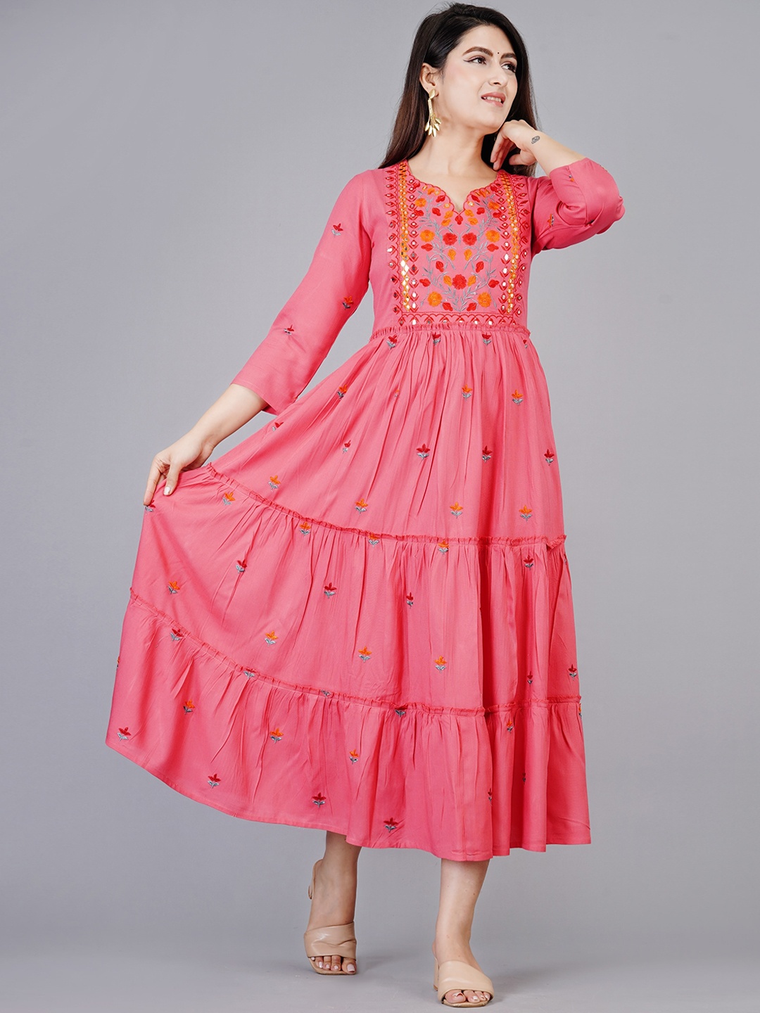 

ao services Floral Embroidered V-Neck Gathered Detailed A-Line Ethnic Dress, Pink