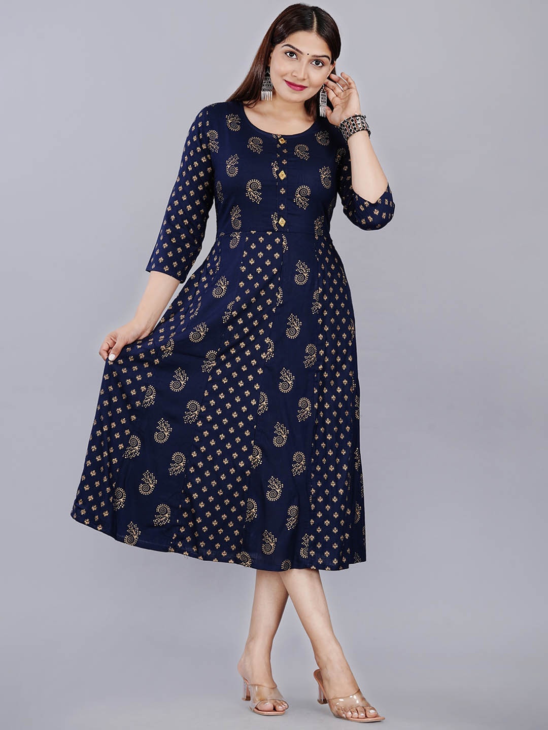 

ao services Ethnic Motifs Printed A-Line Ethnic Dress, Navy blue