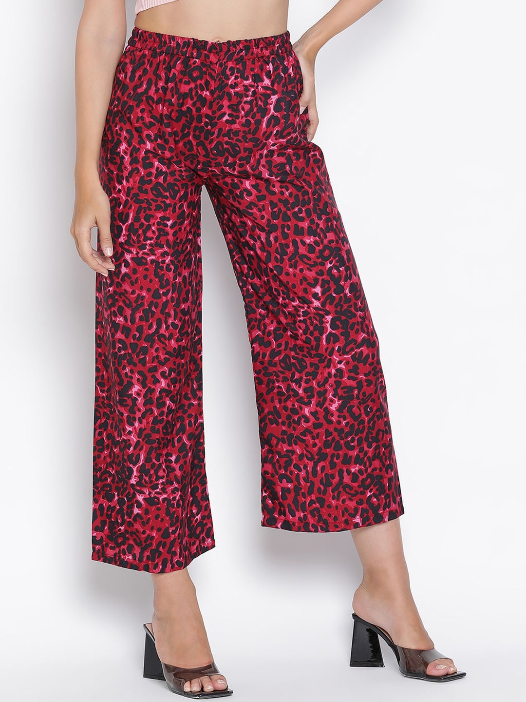 

DRAAX Fashions Women Animal Printed Relaxed Flared Trousers, Red